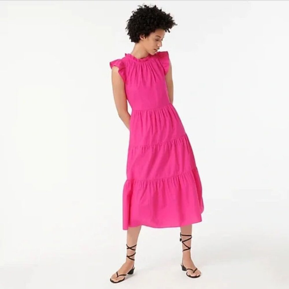 J. Crew Tiered Ruffle-Sleeve Cotton Poplin Dress in Pink - Size M